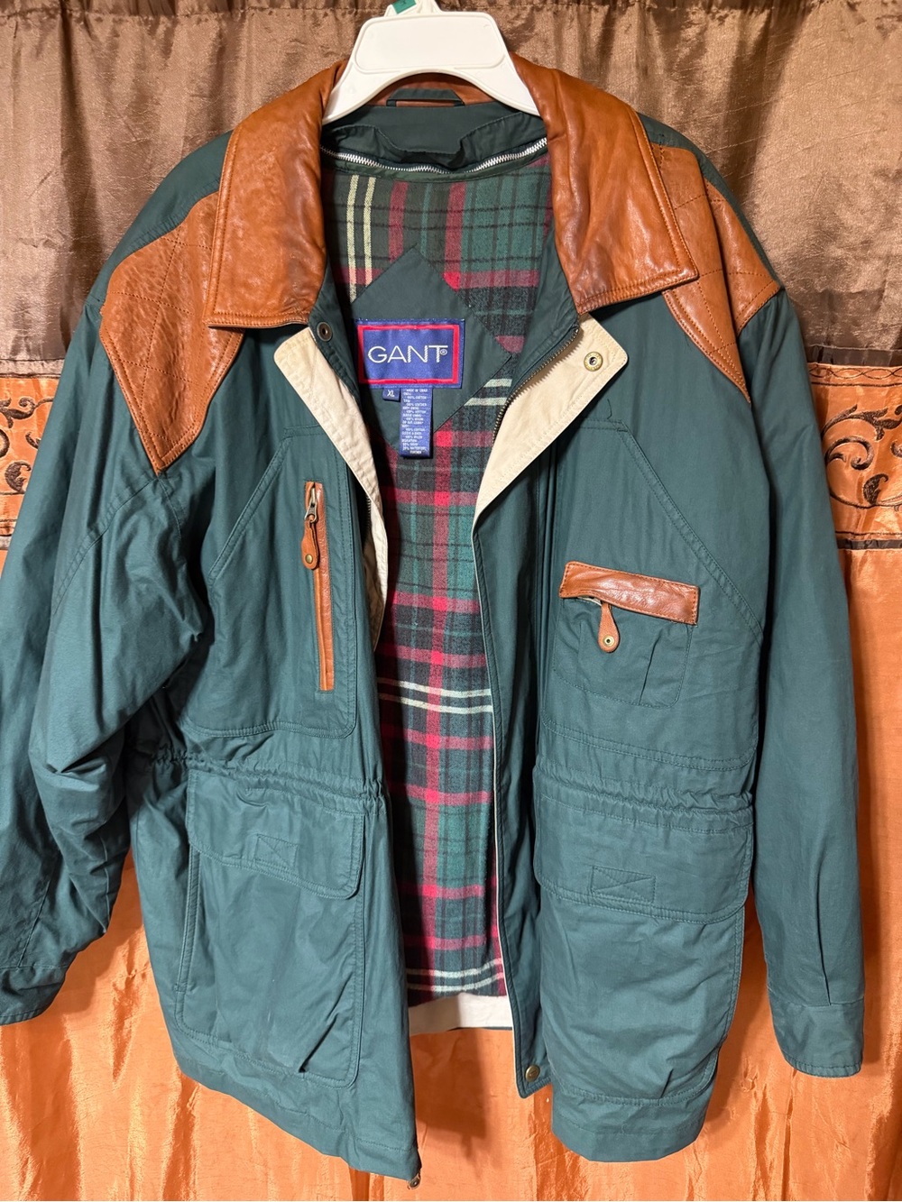 Vintage Gant Green Field Western Hunting Brown Leather Jacket Plaid Lining XL
